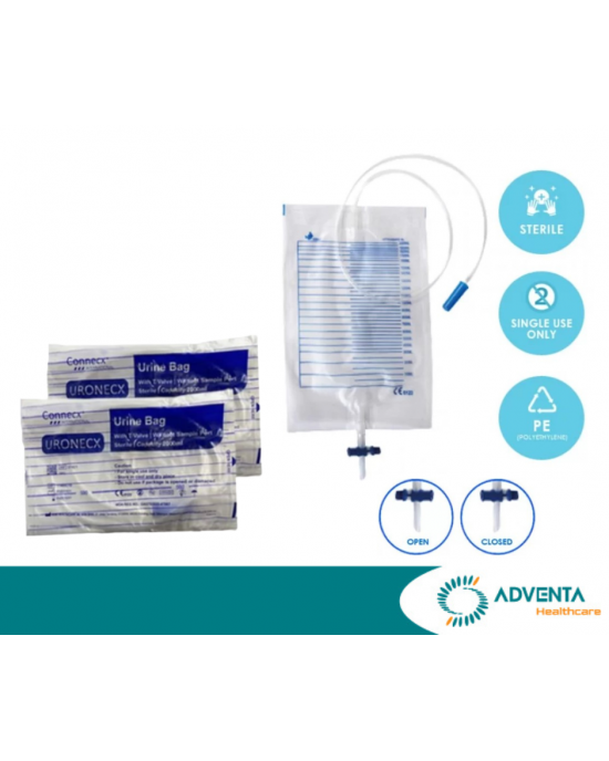 Connecx - Urine Bag Transparent, 2000ml (T valve), Without Sample Port, Sterile, PE Packing (10pcs/pack)